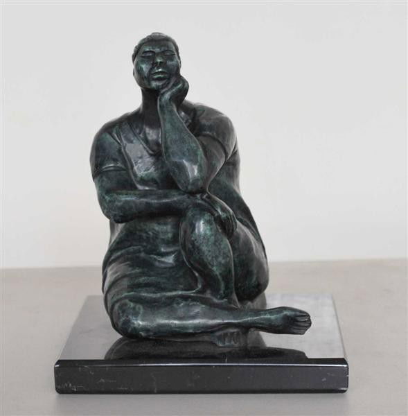 FRANCISCO ZUNIGA [ATTRIB] - Bronze sculpture with: Francisco Zuniga [attrib] (Costa Rican, 1913 - 1998). "Mujer Sentada con Mano en la Barbilla". Bronze sculpture with dark turquoise patina. 1972. Inscribed "Zuniga" and dated "1972". Edition not state