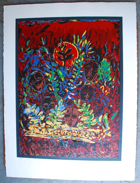 DAVID C. DRISKELL - Color slikscreen and relief: David C. Driskell (American, b.1931). "Dance of the Masks". Color silkscreen and relief. 2008. Signed, titled, dated, numbered in pencil, lower margin. Edition of 100. Full margins. Fine impression. C
