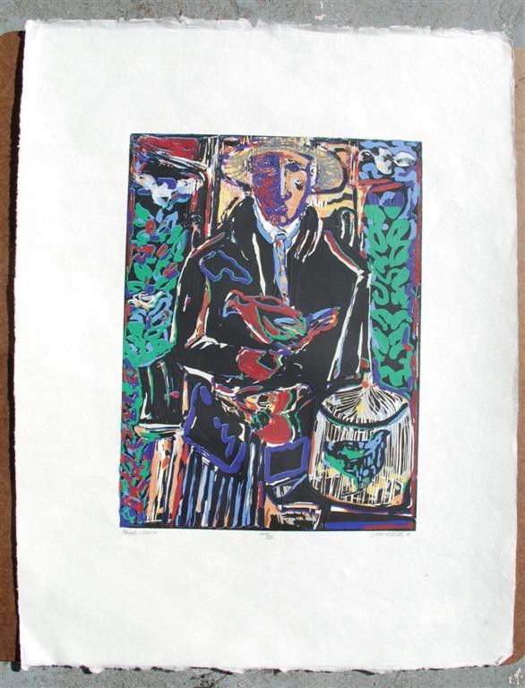 DAVID C. DRISKELL - Color woodcut: David C. Driskell (American, b.1931). "Bird Man". Color woodcut. 2010. Signed, titled, dated, numbered in pencil, lower margin. Edition of 50. Full margins. Fine impression. Condition: slight folding