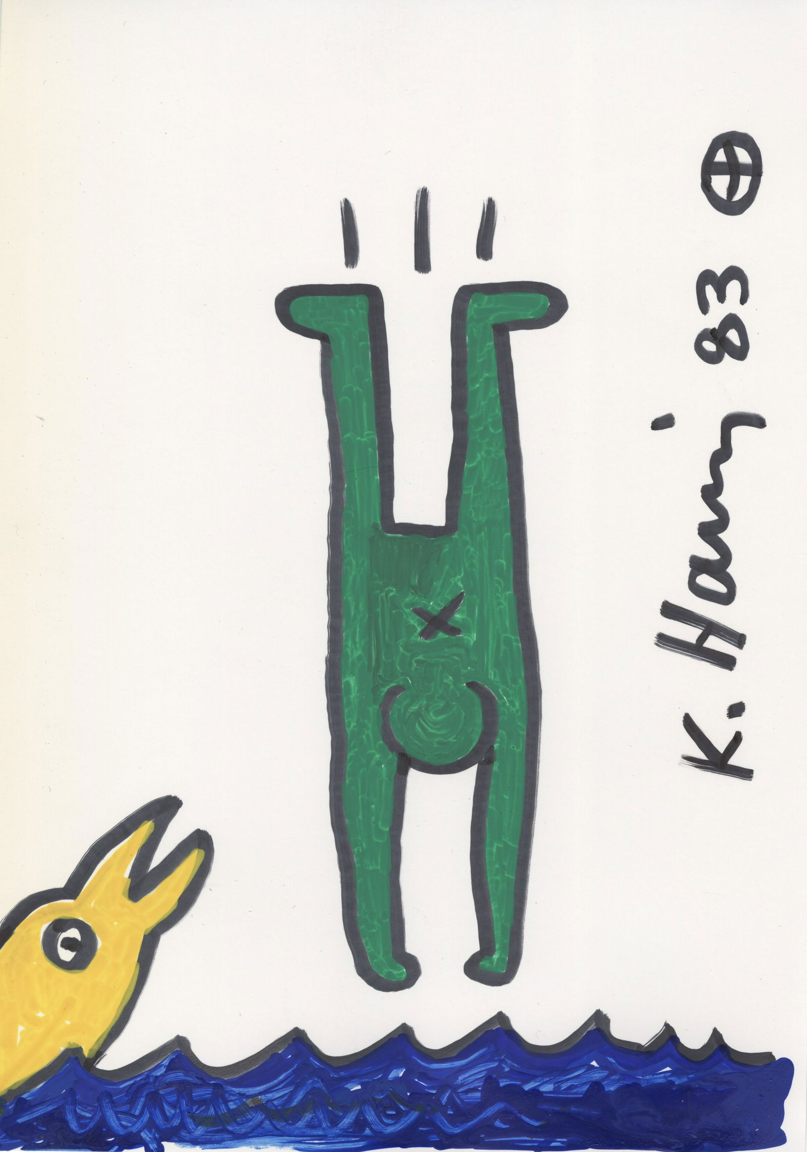 KEITH HARING - Diver and Dolphin - Four color marker drawing on paper (1 of 2)