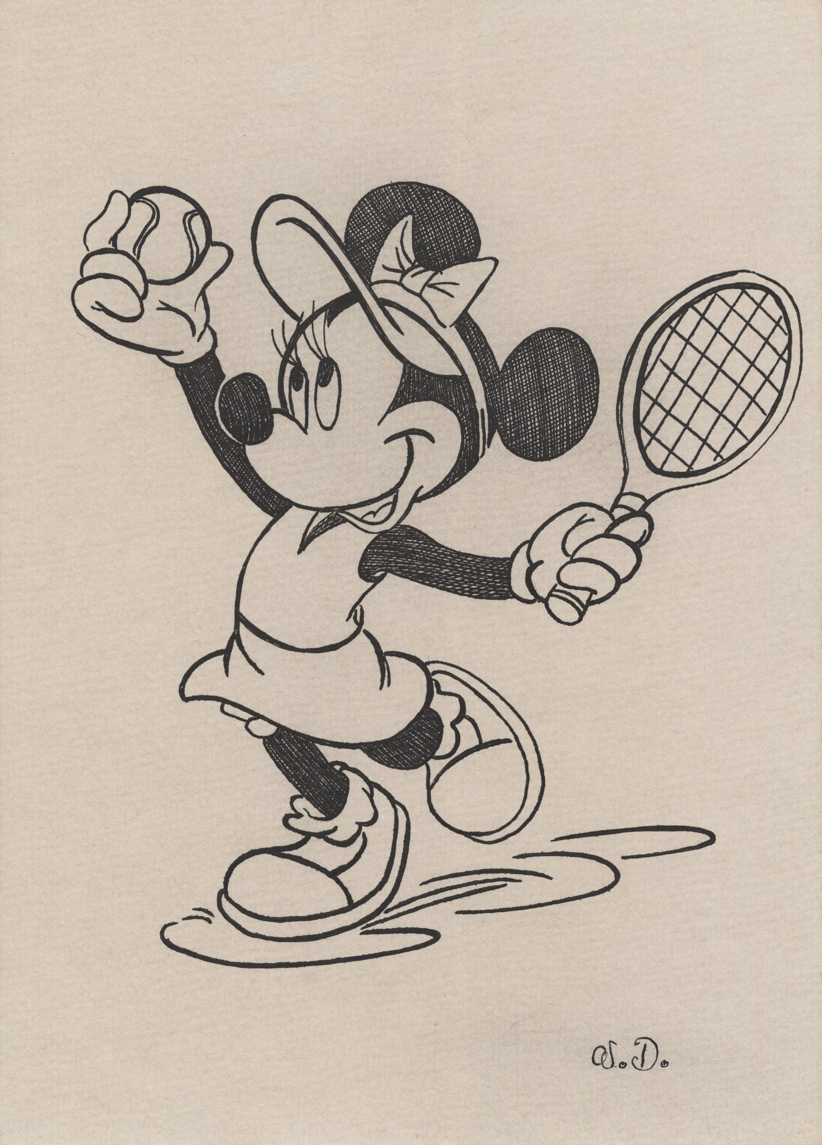 WALT DISNEY - Minnie Mouse Playing Tennis - Pen & ink drawing on paper (1 of 1)