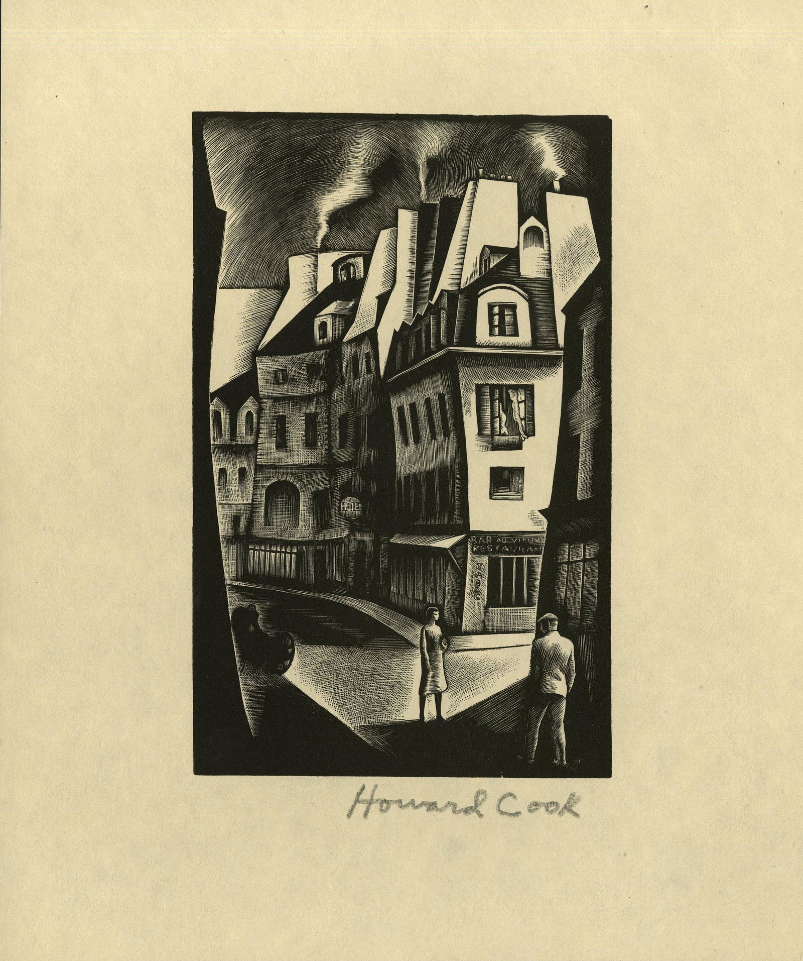HOWARD COOK - Paris Street - Wood engraving (1 of 1)