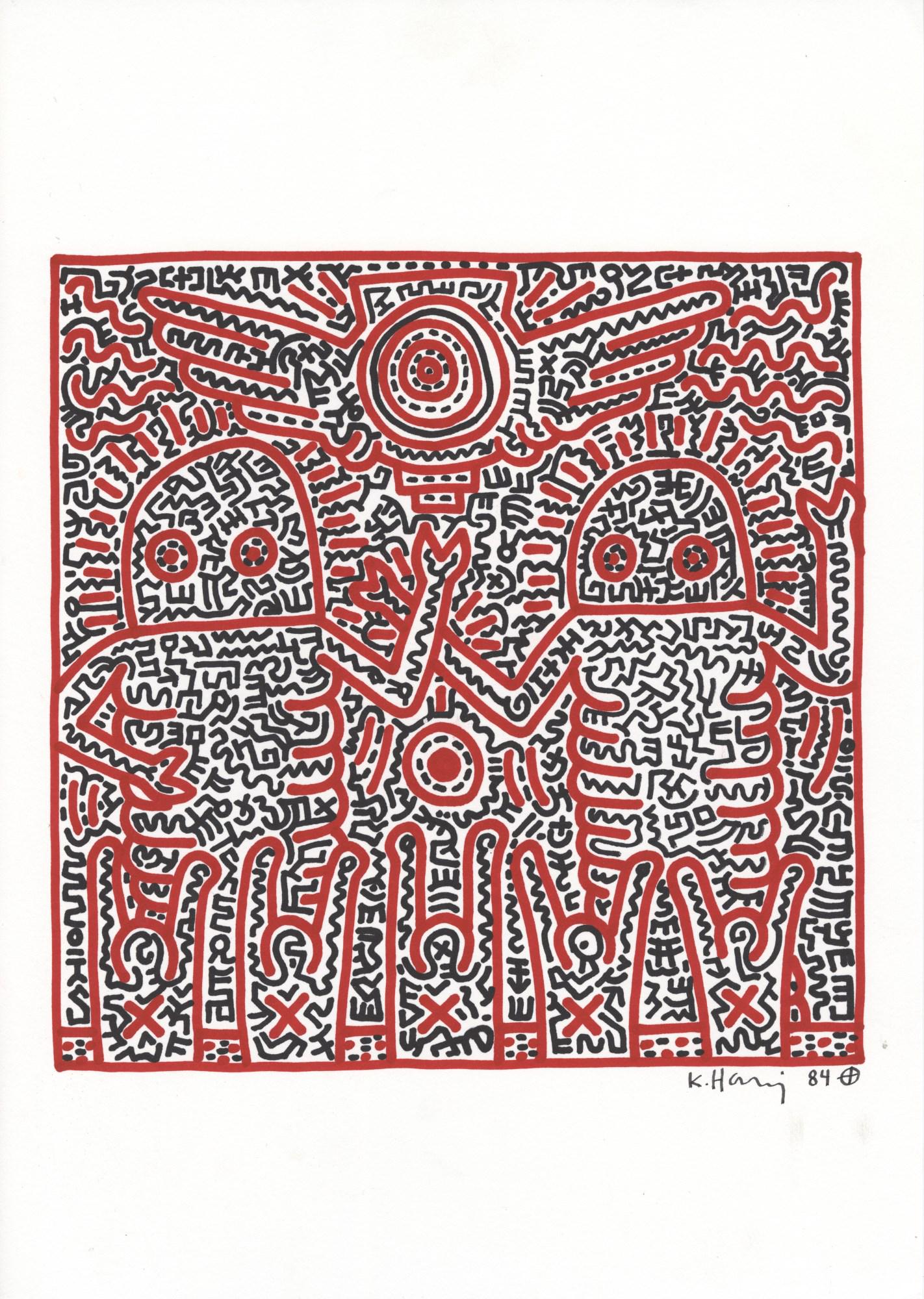 KEITH HARING - Two Robots - Black and red marker drawing on paper (1 of 2)