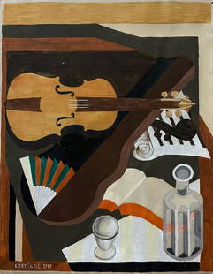 AMEDEE OZENFANT - Nature morte au violon et éventail - Gouache and pencil drawing on paper: Artist: Amedee Ozenfant (French, 1886-1966). Title: "Nature morte au violon et éventail". Medium: Gouache and pencil drawing on paper. Date: Composed 1919. Dimensions: Overall size: 17 1