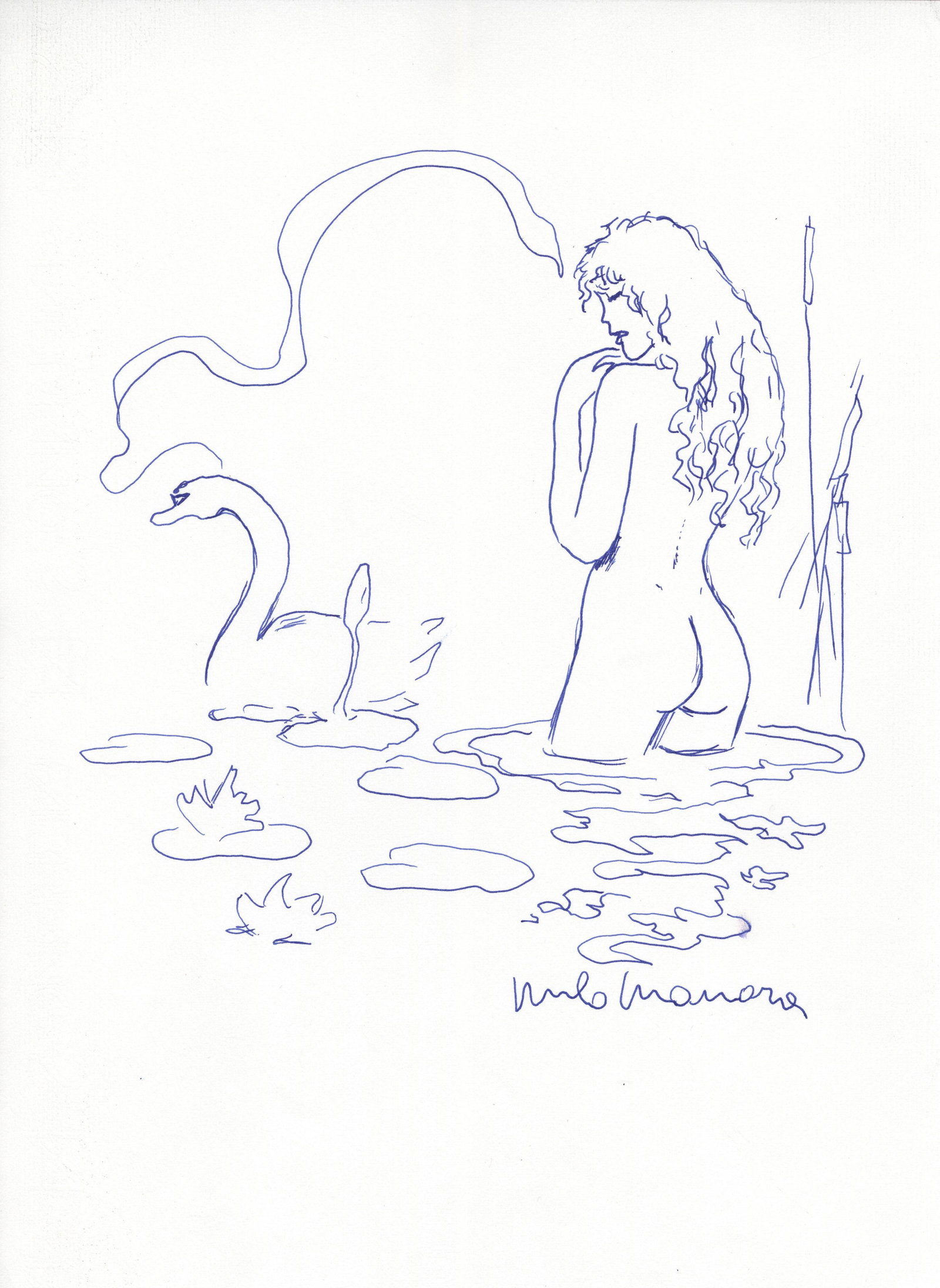 MILO MANARA - The Swans - Ink on paper: Artist: Milo Manara (Italian, b.1945). Title: "The Swans". Medium: Ink on paper. Date: Composed c1972. Dimensions: Overall size: 13 x 9 7/16 in. (330 x 240 mm). Lot Note(s): Signe