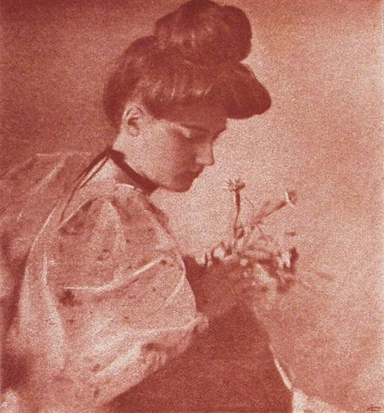 CELINE LAGUARDE - Original vintage photogravure: Celine Laguarde (French, active 1880s-1920s). "Girl with Carnation". Original vintage photogravure. c1905. Printed 1905. 4 1/4 x 3 15/16 in. (108 x 100 mm). Sheet Size: 4 1/4 x 3 15/16 in. (108 x 100