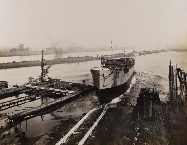 HERMANN RUCKWARDT - Vintage gelatin silver print: Hermann Ruckwardt (German, 1845 - 1919). "Launching of the Gundomar". Vintage gelatin silver print. c1910. Printed c1910. Fine condition. Tipped to original support sheet. Ship built by A.G. Weser in 