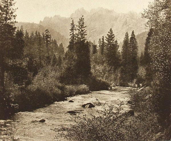 HOWARD CLINTON TIBBITTS - Original vintage photog: Howard Clinton Tibbitts (American, ? - 1937). "Castle Crags, The Upper Sacramento". Original vintage photogravure. c1910. Printed 1911. 5 1/4 x 6 5/16 in. (133 x 160 mm). Sheet Size: 5 1/4 x 6 5/16 in