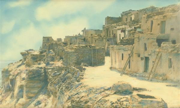 J. R. WILLIS - Vintage hand-tinted gelatin silver: J. R. Willis (American, 1876-1960). "Hopi Mesa". Vintage hand-tinted gelatin silver print. 1920s. Printed 1920s. Blindstamped "J.R. Willis, Gallup" lower left. In original frame with Willis caption to