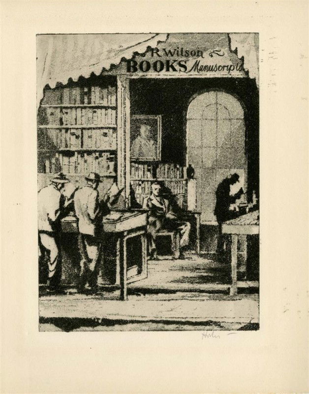EARL HORTER - Aquatint: Earl Horter (American, 1881 - 1940). "The Book Shop". Aquatint. c1935. Signed in pencil, lower right. Cream wove paper. Wide margins. Fine impression. Fine condition. 7 13/16 x 5 13/16 in. (198 x 148