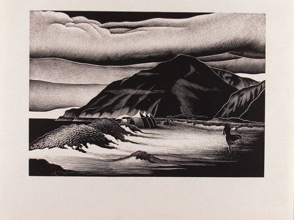 PAUL HAMBLETON LANDACRE - Wood engraving: Paul Hambleton Landacre (American, 1893 - 1963). "Campers". Wood engraving. 1948. Full margins. Fine impression. Fine condition. 5 3/4 x 8 1/4 in. (146 x 210 mm). Sheet Size: 8 x 10 1/2 in. (203 x 267