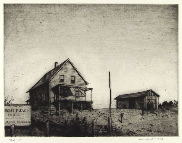 ARMIN LANDECK - Drypoint: Armin Landeck (American, 1905 - 1984). "Sunset Palace Lodge". Drypoint. 1938. Signed, dated and editioned in pencil. Edition of 100. Full margins (deckle edges). Fine impression, richly inked with muc