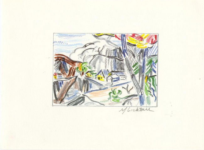 ROY LICHTENSTEIN - Color offset lithograph: Roy Lichtenstein (American, 1923-1997). "Mountain Village". Color offset lithograph. 1986. Signed in pencil, lower right. A proof (?) aside from the edition of 100. White wove Coronado opaque SST cove