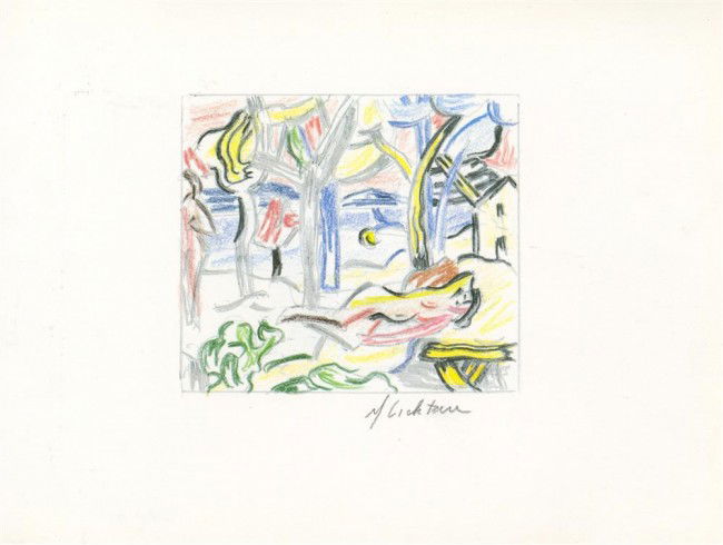 ROY LICHTENSTEIN - Color offset lithograph: Roy Lichtenstein (American, 1923-1997). "Reclining Figure in Landscape". Color offset lithograph. 1986. Signed in pencil, lower right. A proof (?) aside from the edition of 100. White wove Coronado op