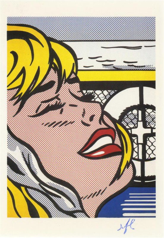 ROY LICHTENSTEIN - Color offset lithograph: Roy Lichtenstein (American, 1923-1997). "Shipboard Girl [detail of 1965 painting]". Color offset lithograph. 1965. Printed 1994. Initialed in pen, lower right; signed verso. Edition unknown, presumed