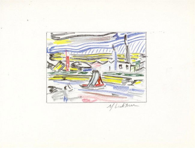 ROY LICHTENSTEIN - Color offset lithograph: Roy Lichtenstein (American, 1923-1997). "The River". Color offset lithograph. 1986. Signed in pencil, lower right. A proof (?) aside from the edition of 100. White wove Coronado opaque SST cover stock