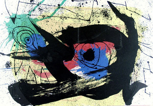 JOAN MIRO - Color lithograph: Joan Miro (Spanish, 1893 - 1983). "Sobreteixims II". Color lithograph. 1973. Vertical centerfold as issued. [M890]. 14 7/8 x 21 5/8 in. (378 x 549 mm). [20845]