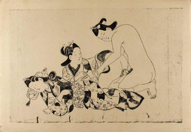 HISHIKAWA MORONOBU [SCHOOL] - Original lithograph: Hishikawa Moronobu [school] (Japanese, 1618 - 1694). "Courtesan II". Original lithograph after the woodcut. 17th century. Printed 1925. Edition of 200. Very good impression. Good condition. 10 3/4 x 1