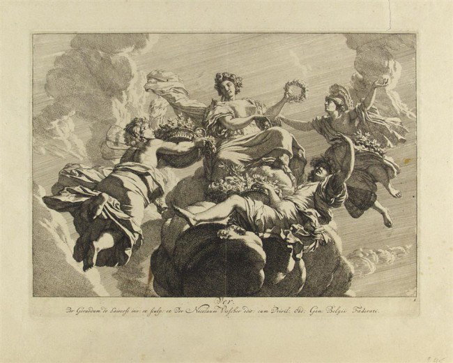 GERARD DE LAIRESSE - Engraving: Gerard de Lairesse (Flemish, 1641-1711). "Ver". Engraving. c1660. 8 3/4 x 11 7/8 in. (222 x 302 mm). Sheet Size: 12 7/8 x 18 5/16 in. (327 x 465 mm). [19140] {R100}