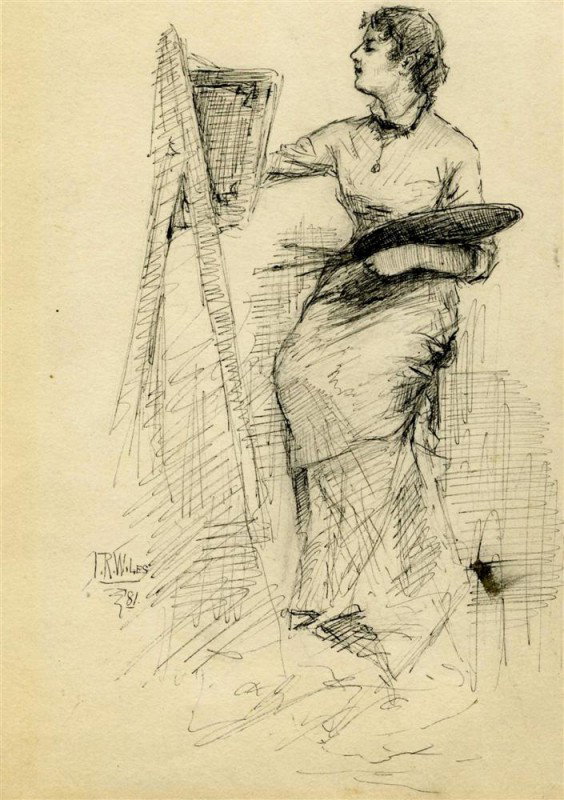 IRVING RAMSAY WILES - Pen and ink drawing: Irving Ramsay Wiles (American, 1861 - 1948). "At the Art Students League". Pen and ink drawing. 1881. Signed and dated lower left. Cream wove paper. Very good condition. Provenance: Private collection