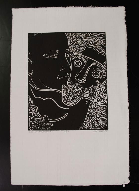 DAVID C. DRISKELL - Linocut: David C. Driskell (American, b.1931). "Obama, No Drama". Linocut. 2009. Signed, titled, dated, numbered in pencil, lower margin. Edition of 50. Full margins. Fine impression. Condition: slight folding