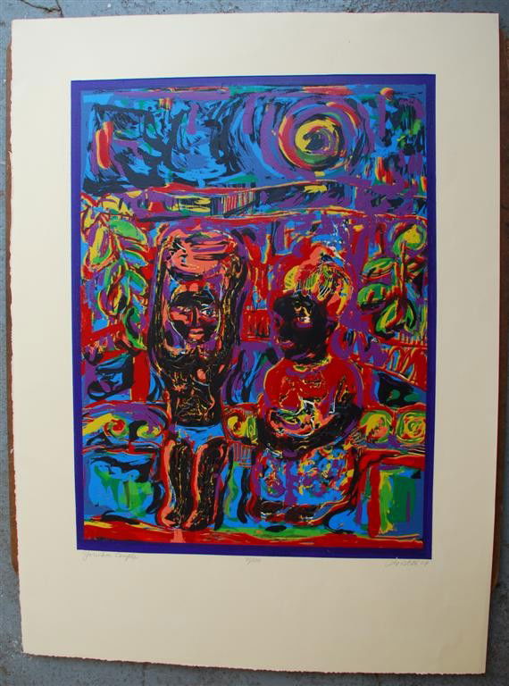DAVID C. DRISKELL - Color silkscreen and relief: David C. Driskell (American, b.1931). "Yoruba Couple". Color silkscreen and relief. 2007. Signed, titled, dated, numbered in pencil, lower margin. Edition of 100. Full margins. Fine impression. Condit