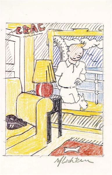 ROY LICHTENSTEIN - Color offset lithograph: Roy Lichtenstein (American, 1923-1997). "Interior with Painting of Tintin (Tintin in the New World)". Color offset lithograph. 1993. Signed in pencil, lower right. Edition of 12,500. Glossy, smooth, w