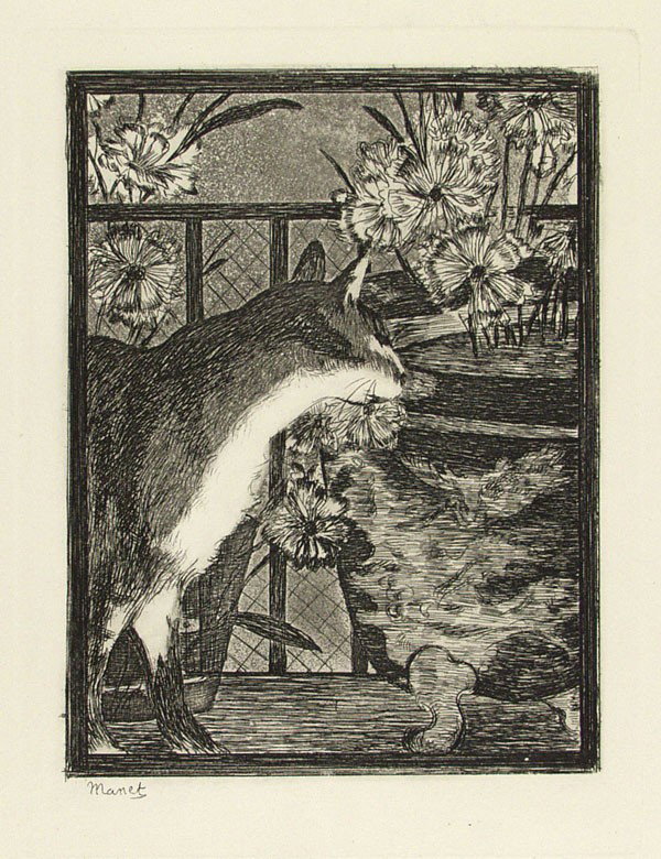 EDOUARD MANET - Etching with aquatint: Edouard Manet (French, 1832 - 1883). "Chat et les Fleurs". Etching with aquatint. 1869. Signed in the plate, lower left. Very wide margins. Fine impression. This print has sold as high as $863 at auct