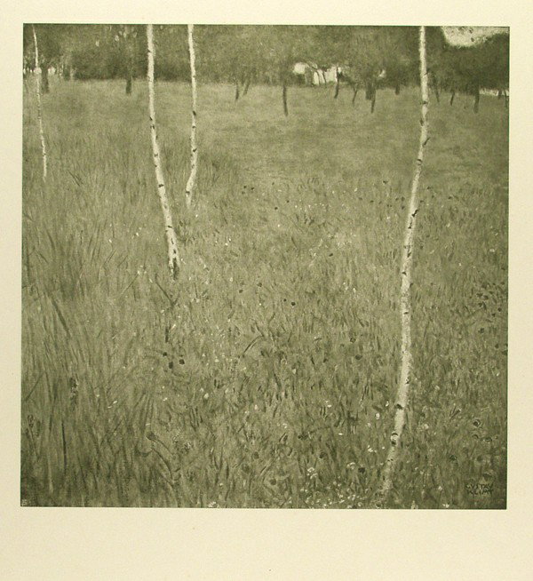 GUSTAV KLIMT - Original color collotype, printed : Gustav Klimt (Austrian, 1862 - 1918). "Bauernhaus Mit Birken [Farmhouse with Birches] [From: Das Werk Gustav Klimts]". Original color collotype, printed in green ink. 1900. Printed 1908-1914. Signed i