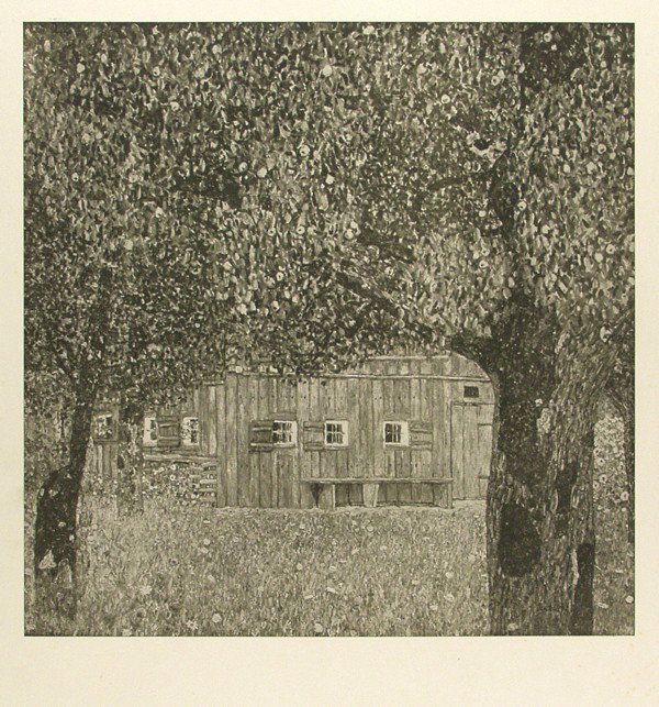 GUSTAV KLIMT - Original color collotype, printed : Gustav Klimt (Austrian, 1862 - 1918). "Oberösterreichisches Bauernhaus [Upper Austrian Farmhouse] [From: Das Werk Gustav Klimts]". Original color collotype, printed in green ink. 1910-1911. Printed 1