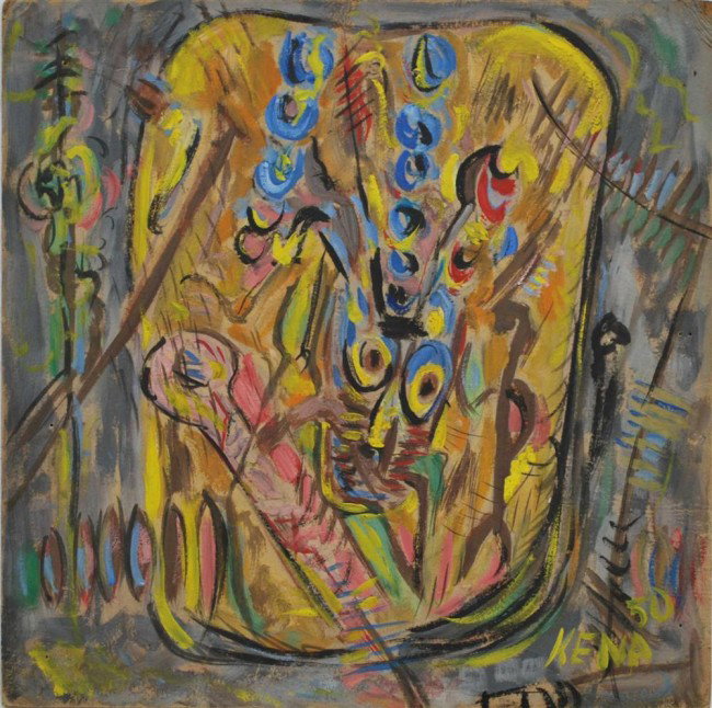 JALED MUYAES - Oil on board: Jaled Muyaes (Chilean/Mexican, 1921 - 2007). "Abstract Composition #50". Oil on board. 1950. Signed "Kena" and dated, lower right. Muyaes always signed his work "Kena," "S. Kena," "Silvestre Kena," or