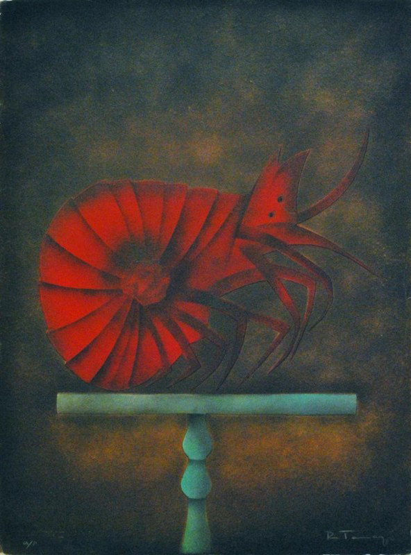 RUFINO TAMAYO [AFTER] - Relief etching on paper: Rufino Tamayo [after] (Mexican, 1899 - 1991). "Langosta [Lobster]". Color relief etching on paper. c1973. Bears signature in white pencil, lower right. Annotated lower left. Blindstamped "Tamayo" lowe