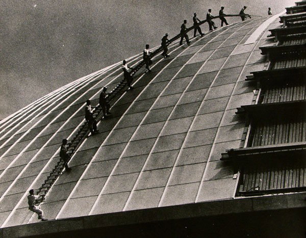 MORRIS BERMAN - Vintage gelatin silver print: Morris Berman (American, 1910 - 2002). "Work on Dome". Vintage gelatin silver print. c1960s-1970s. Printed c1960s-1970s. Signature stamp and estate stamp on verso. Provenance: Morris Berman Estate. Im