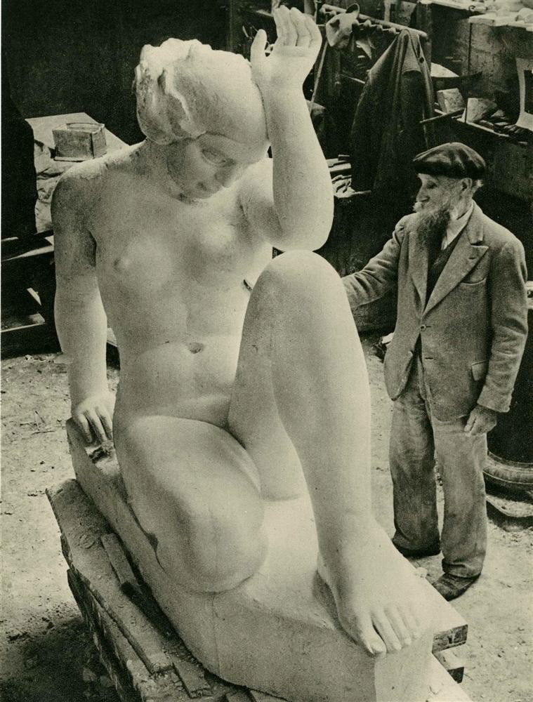BRASSAI [GYULA HALASZ] - Original vintage photogra: Brassai [Gyula Halasz] (Hungarian/French, 1899-1984). "Maillol Travaillant a la Statue de la 'Montagne'". Original vintage photogravure. 1938. Printed 1938. Image size: 8 x 6 1/16 in. (203 x 154 mm).