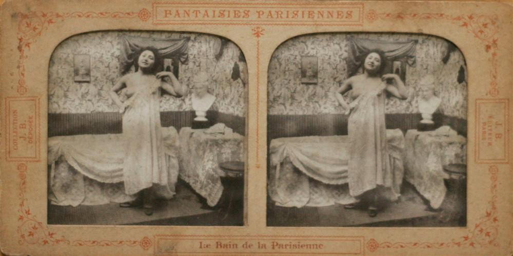 J.B - Original vintage hand-tinted color tissue s: J.B (French, 19th Century). "Fantasies Parisiennes: Le Bain de la Parisienne, 2". Original vintage hand-tinted color tissue stereoview. 1850s. Printed 1850s. Printed "J. B. Editeur Paris" on mount. Im