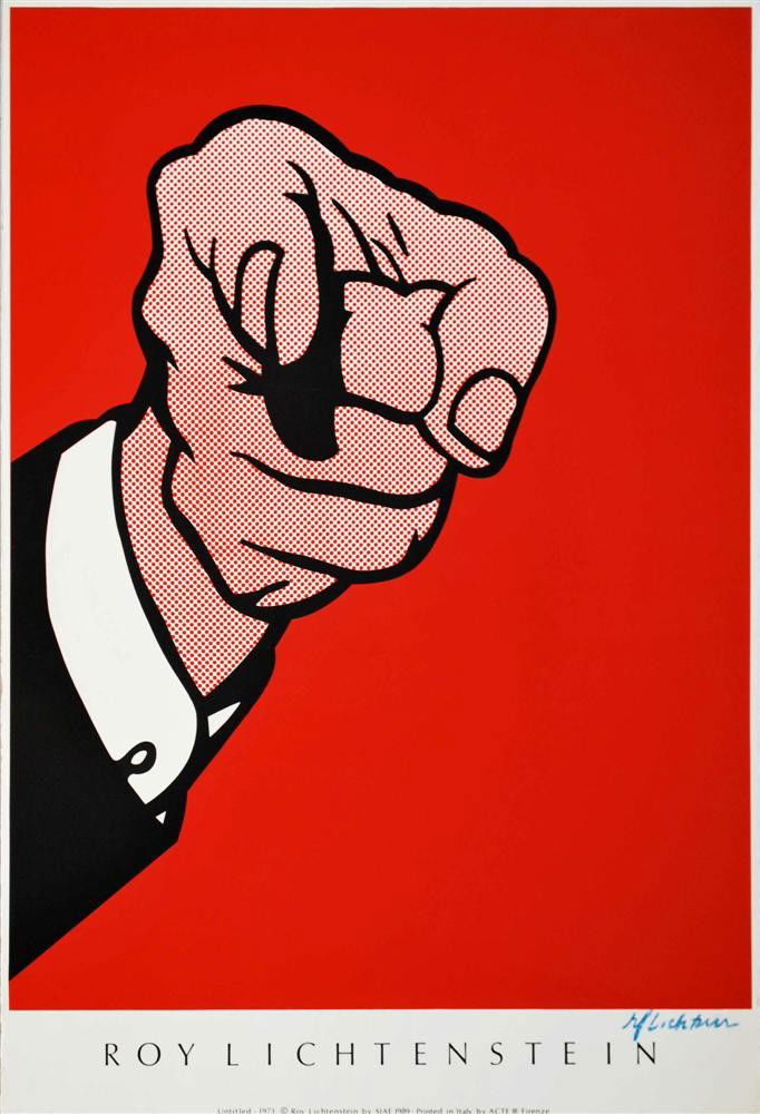 ROY LICHTENSTEIN - Original color silkscreen poste: Roy Lichtenstein (American, 1923-1997). "Finger Pointing". Original color silkscreen poster. 1989. Signed in blue crayon, lower right. Edition unknown, presumed small. White wove watermarked Fabriano