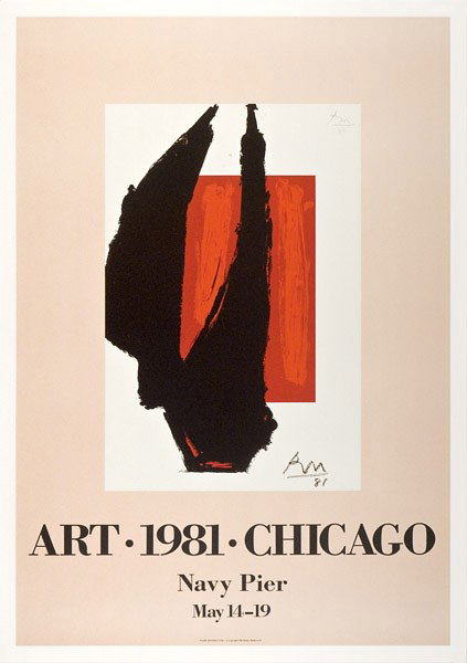 ROBERT MOTHERWELL - Original color lithograph post: Robert Motherwell (American, 1915 - 1992). "Art 1981 Chicago". Original color lithograph poster. 1981. Signed with the initials and dated in brown crayon, lower right of the image. Signed with the ini