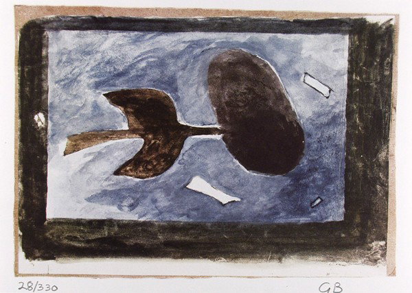GEORGES BRAQUE [AFTER] - Color collotype (with poc: Georges Braque [after] (French, 1882 - 1963). "Sur l'Aile". Color collotype (with pochoir?). 1954. Printed 1962. Signed in pencil with the initials, lower right; numbered (in the Artist's hand?) in pe