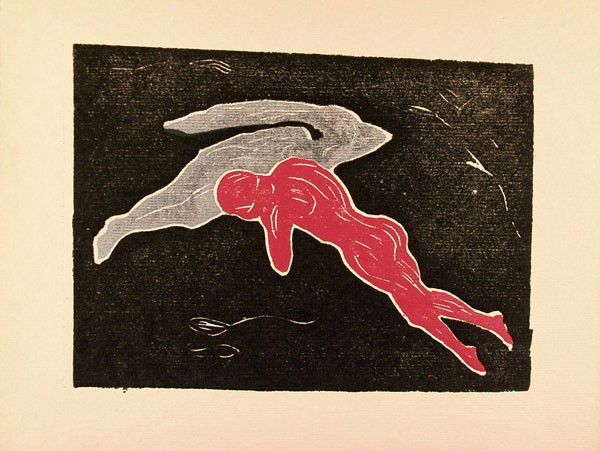 EDVARD MUNCH - Original color woodcut: Edvard Munch (Norwegian, 1863 - 1944). "Begegnung im Weltall (Mote I Verdensrommet)". Original color woodcut. 1898. Wide margins. Fine impression. Very fine condition. Provenance: Ex-collection G. Eus