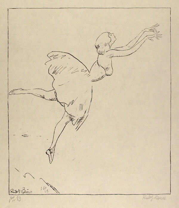 RUDOLF BAUER - Lithograph: Rudolf Bauer (German, 1881 - 1953). "Leaping Ballerina". Lithograph. c1910s. Signed in pencil, lower right; numbered in pencil, lower left. Signed in the stone, lower left. Wide margins. Very good imp