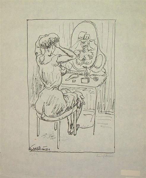 RUDOLF BAUER - Lithograph: Rudolf Bauer (German, 1881 - 1953). "Woman Fixing Her Hair in the Mirror". Lithograph. c1910s. Signed in pencil, lower right. Signed in the stone, lower left. Wide margins. Fine impression. Provenance