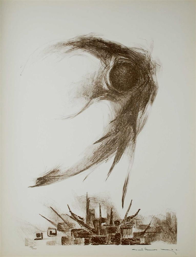 GUILLERMO MEZA - Lithograph in brown ink: Guillermo Meza (Mexican, 1917 - 1997). "Tristisima Estrella [Plate 7 from: "Guillermo Meza, Impressiones, 11 Litografias, Presentacion de Jaled Muyaes y Raul Kamffer, Nota Bibliografica de Carlos Paya