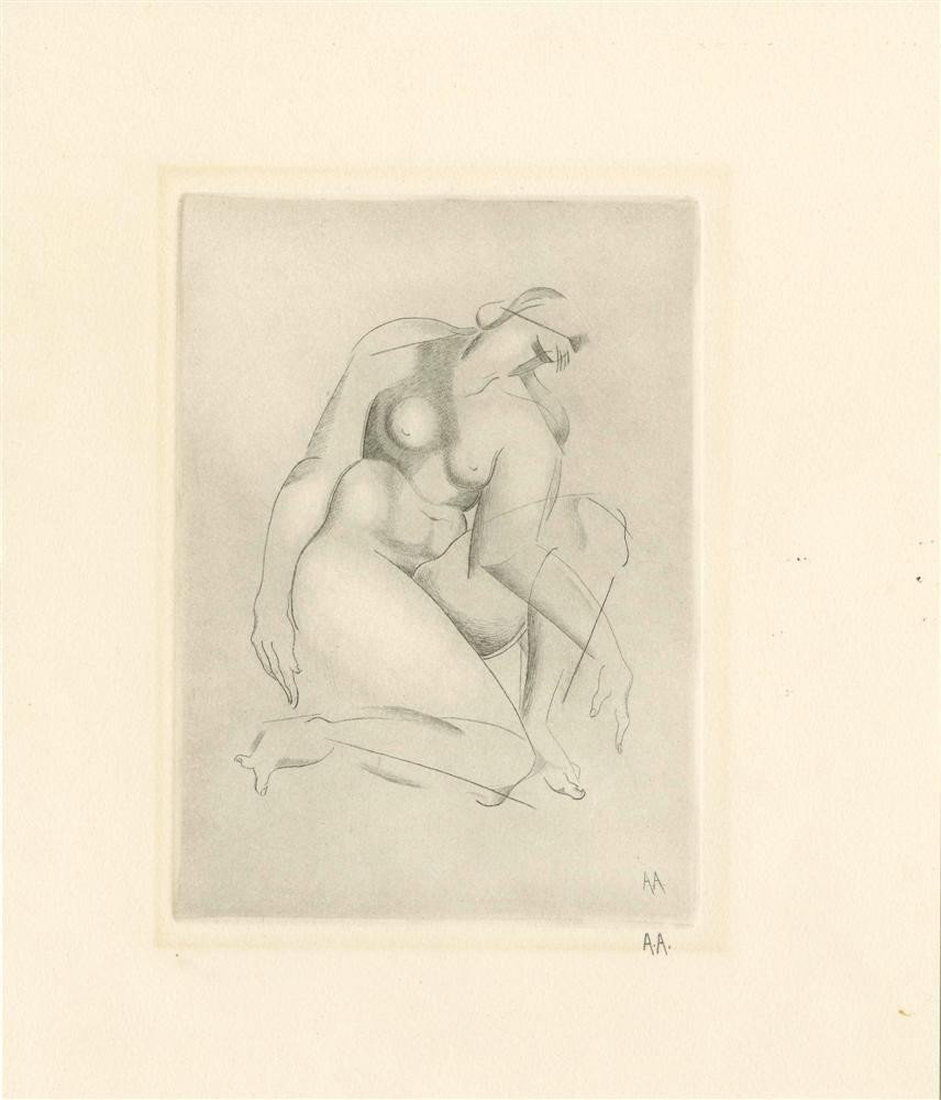 ALEXANDER ARCHIPENKO - Original drypoint: Alexander Archipenko (Ukranian-Russian-American, 1887 - 1964). "Kneeling [posthumous impression]". Original drypoint. 1920. Printed 1967. Estate signed with the initials in pencil, lower right. Proof