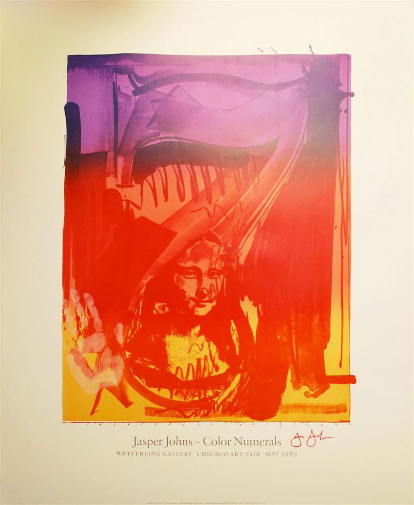 JASPER JOHNS - Original color offset lithograph pos: Jasper Johns (American, b.1930). "Figure 7 [from: Color Numerals]". Original color offset lithograph poster. 1969. Printed 1989. Signed in red crayon, lower right. Edition unknown, presumed small. Cre