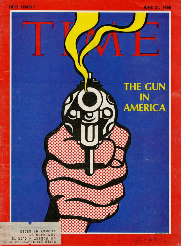 ROY LICHTENSTEIN - Color offset lithograph: Roy Lichtenstein (American, 1923-1997). "The Gun in America". Color offset lithograph. 1968. Signed in pen, lower right. Edition unknown, presumed very large. White coated paper. The full sheet; untri