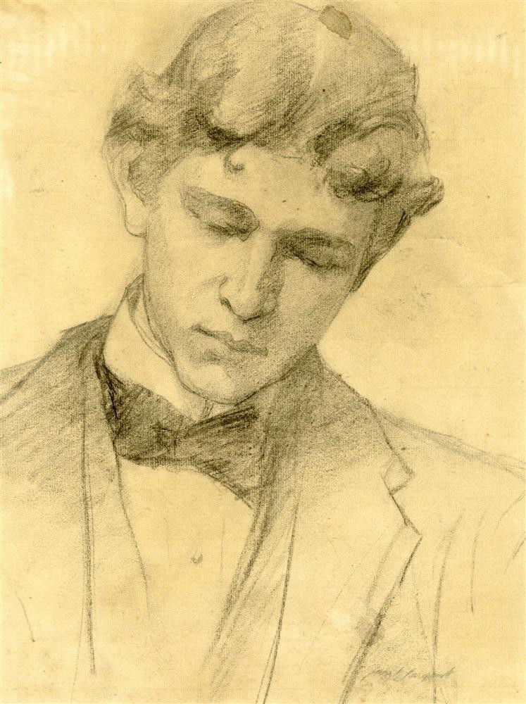 JOHN SINGER SARGENT - Charcoal on paper: John Singer Sargent (American, 1856-1925). "Portrait Study of a Young Man". Charcoal on paper. c1910. Signed lower right. Cream laid paper. Stylistically similar to Sargent's other charcoal drawings f