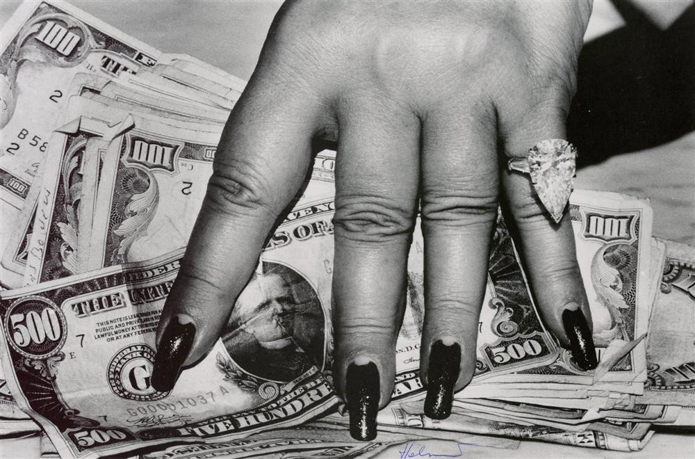 HELMUT NEWTON - Photolithograph: Helmut Newton (German/Australian, 1920-2004). "Fat Hand and Dollars [Monte Carlo]". Photolithograph. 1984. Signed "Helmut" in pen, lower center. Fine, quality printing. Very good condition. Provenance