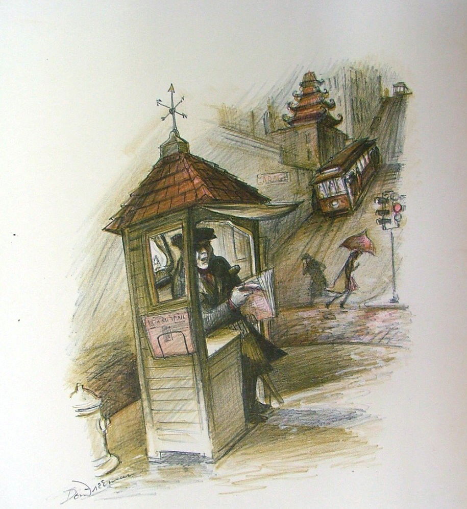 DON FREEMAN - Color lithograph: Don Freeman (American, 1908 - 1978). "Kiosk, Cable Car, Rain". Color lithograph. 1956. Signed in the stone. Estate stamped, verso. Edition of 25. Full margins. Fine impression. Fine condition. McCullo