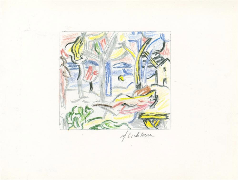 ROY LICHTENSTEIN - Color offset lithograph: Roy Lichtenstein (American, 1923-1997). "Reclining Figure in Landscape". Color offset lithograph. 1986. Signed in pencil, lower right. A proof (?) aside from the edition of 100. White wove Coronado op