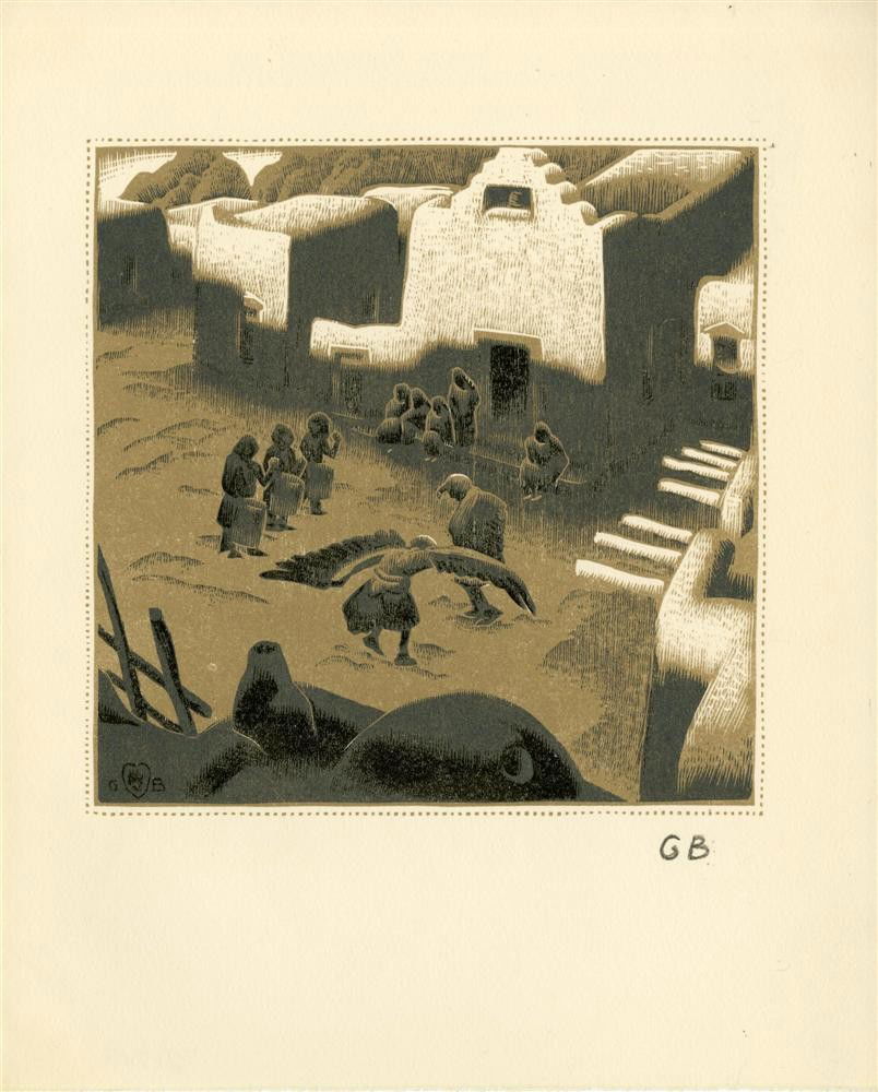 GUSTAVE BAUMANN - Color woodcut: Gustave Baumann (German/American, 1881 - 1971). "Eagle Ceremony at Tesuque Pueblo". Color woodcut. 1932. Bears initials in pencil, lower right; monogrammed in the block, lower left. Cream wove paper.